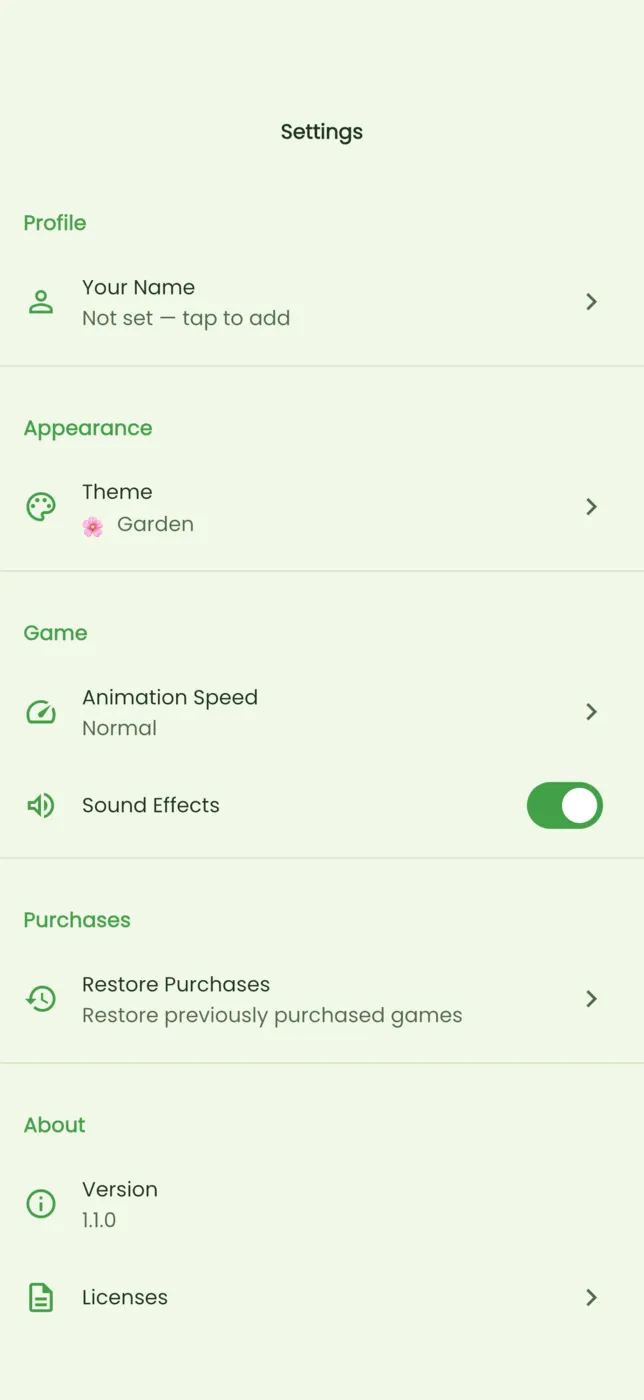 Settings, garden theme (phone)